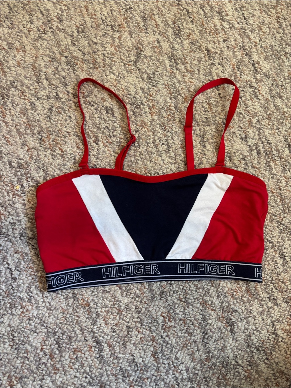 Tommy Hilfiger Red, Navy & White Logo Triangle Bralette with Elastic Band